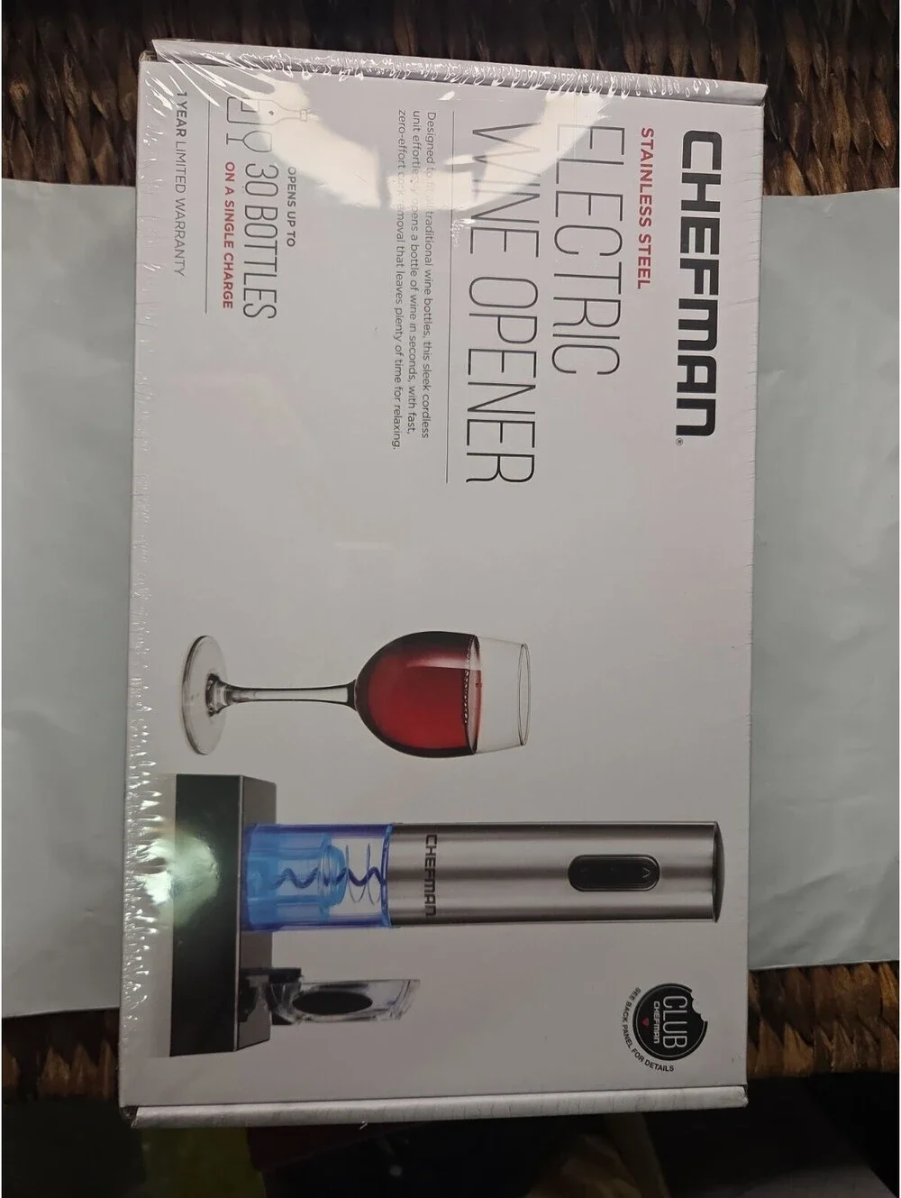 Chefman Stainless Steel Rechargeable Electric Wine Opener w/ Foil Cutter RJ42-SS